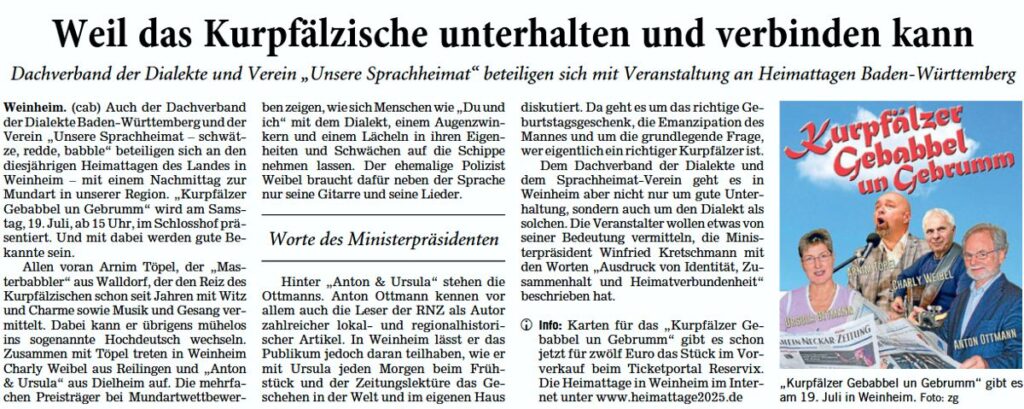 Gebabbl un Gebrumm in der RNZ. Die Rhein-Neckar-Zeitung veröffentlichte diesen Artikel am 22. Februar 2025