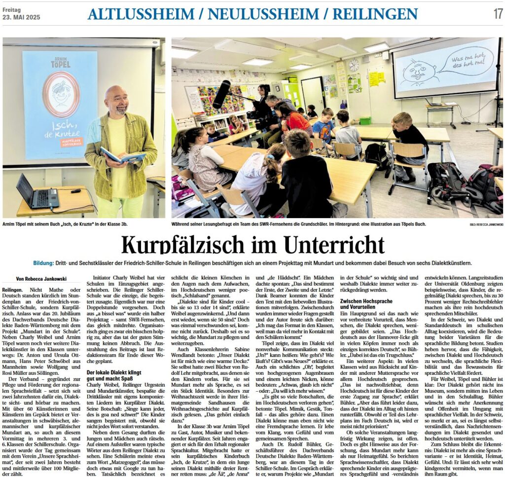 Bericht der Hockenheimer Zeitung zu Mundart in der Schule am 19. Mai 20225