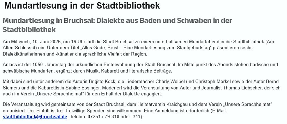 Anküdigung zum Mundartabend "Alles Guude, Brusl"